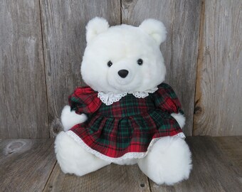 Vintage Jingle Bear Plush: White Teddy Bear in Plaid Dress - Etsy