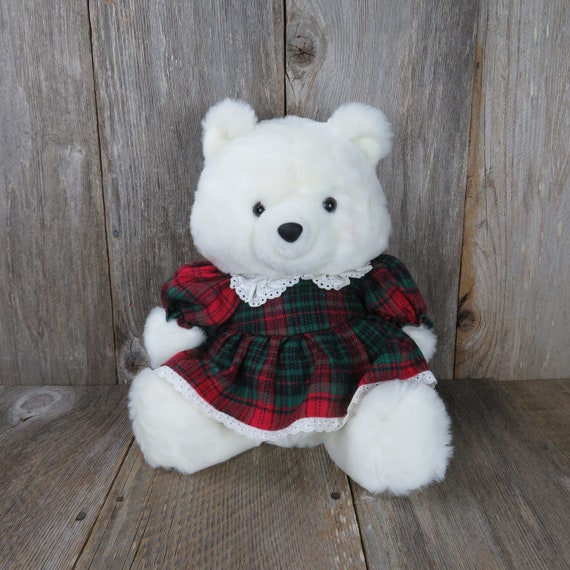 Vintage Jingle Bear Plush: White Teddy Bear in Plaid Dress - Etsy UK