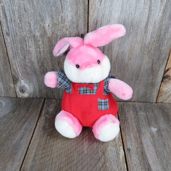 Vintage Pink Bunny Plush Easter Rabbit Bib Overalls Stuffed