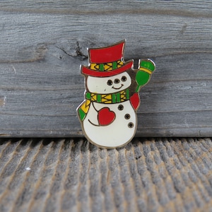 Vintage Enameled Snowman Pin Brooch Christmas Winter Red Scarf Broom