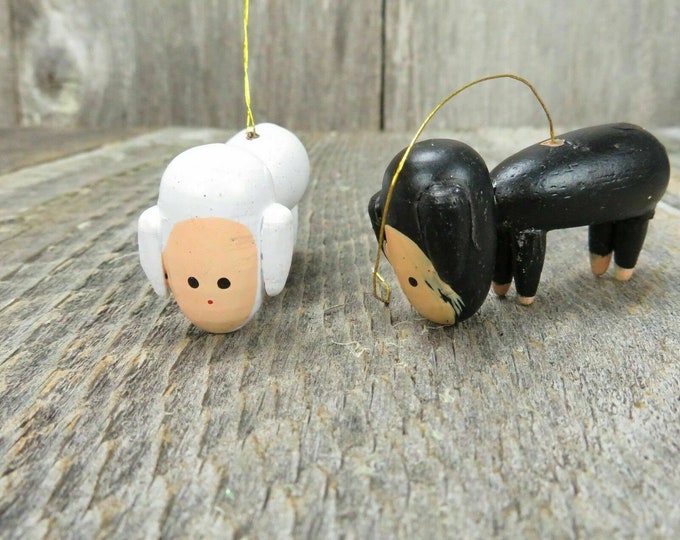 Vintage Sheep Lamb Ornament Wooden Christmas Black White Nativity Scene