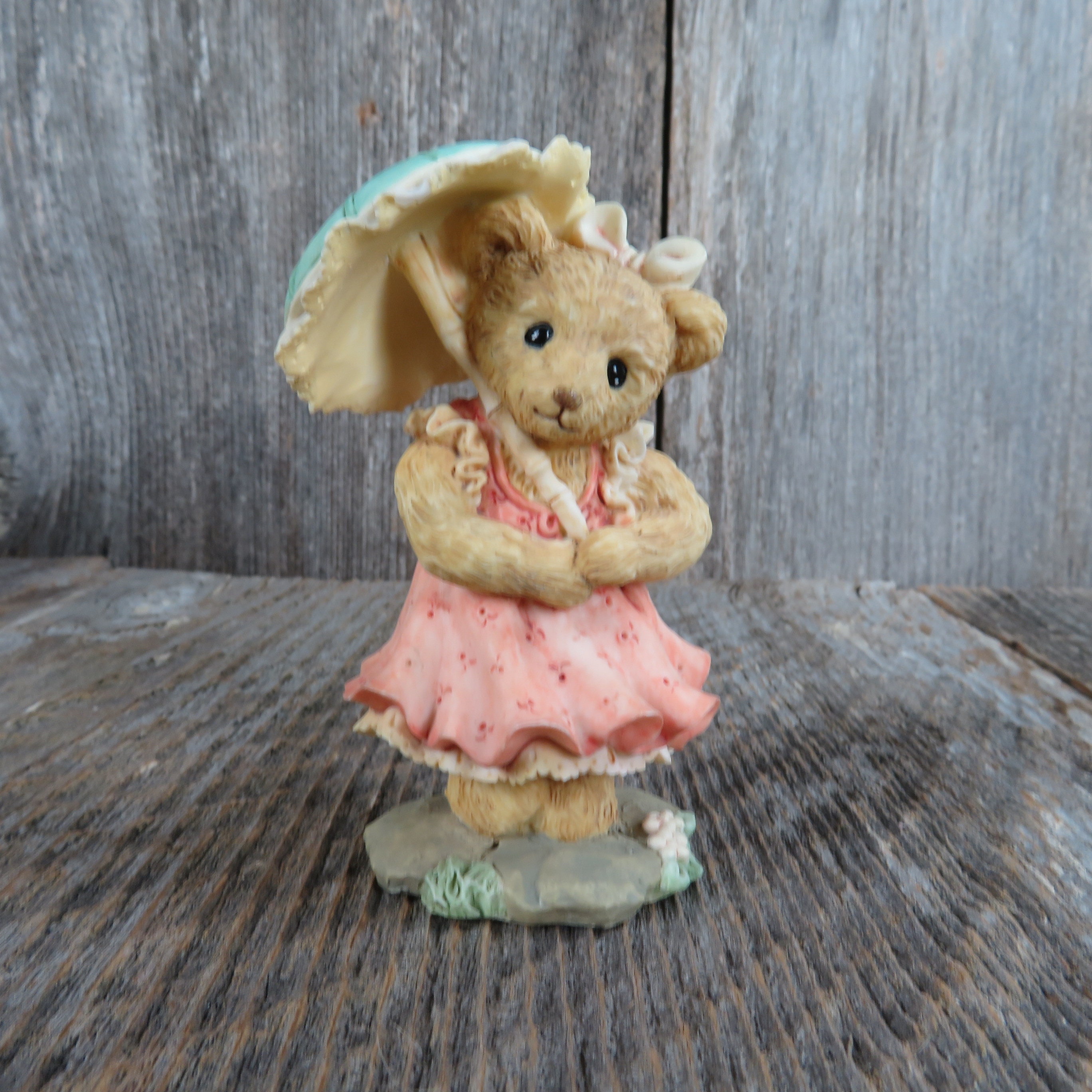 Vintage Bear With Umbrella Figurine Parasol Pink Dress Grandma's
