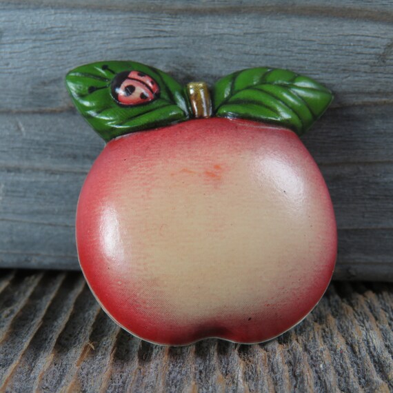 Vintage Apple with Ladybug Pin Teacher Gift Brooch Hallmark Cards Red Green Leaves