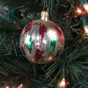 Vintage Glass Ball Ornament Gold Red Green Glitter Columbia Gold Cap