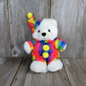 Vintage White Clown Bear Plush Rainbow Striped Party Hat Fiesta