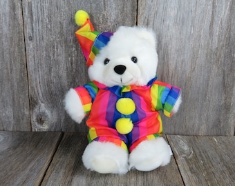 Vintage White Clown Bear Plush Rainbow Striped Party Hat Fiesta 1989 Nylon Pom Pom