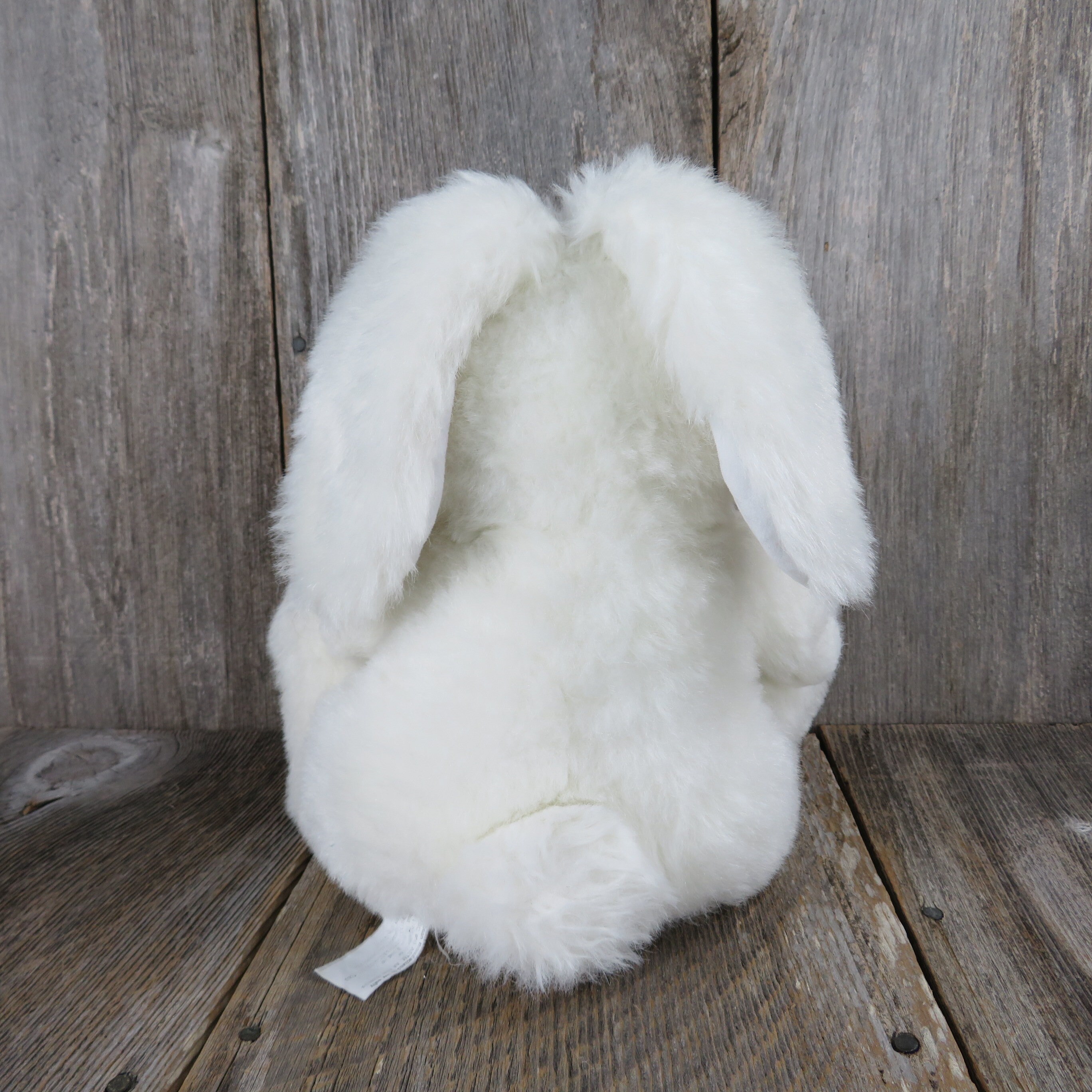 Vintage Bunny Plush White Rabbit Ribbon Pink Flocked Nose Easter