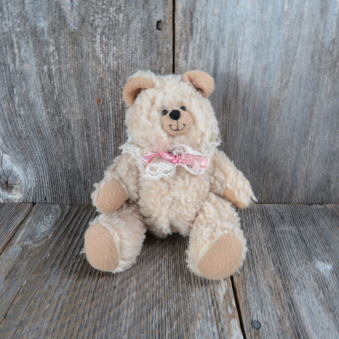 Vintage Teddy Bear Plush Cream Curly Fur Ribbon Lace Collar