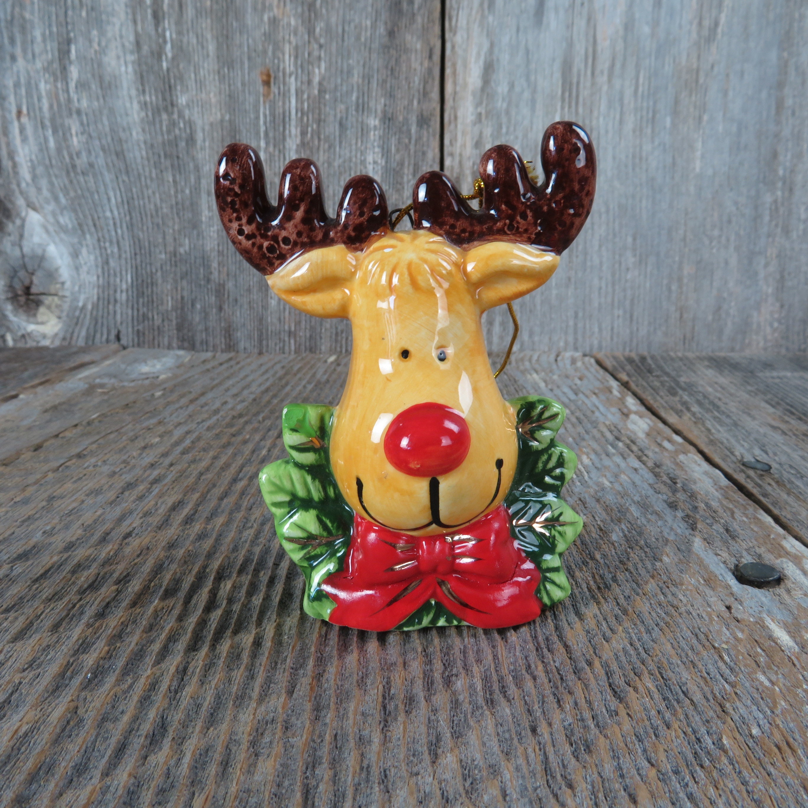 Vintage Moose Head Ornament Porcelain Ceramic Glossy Wreath Bow