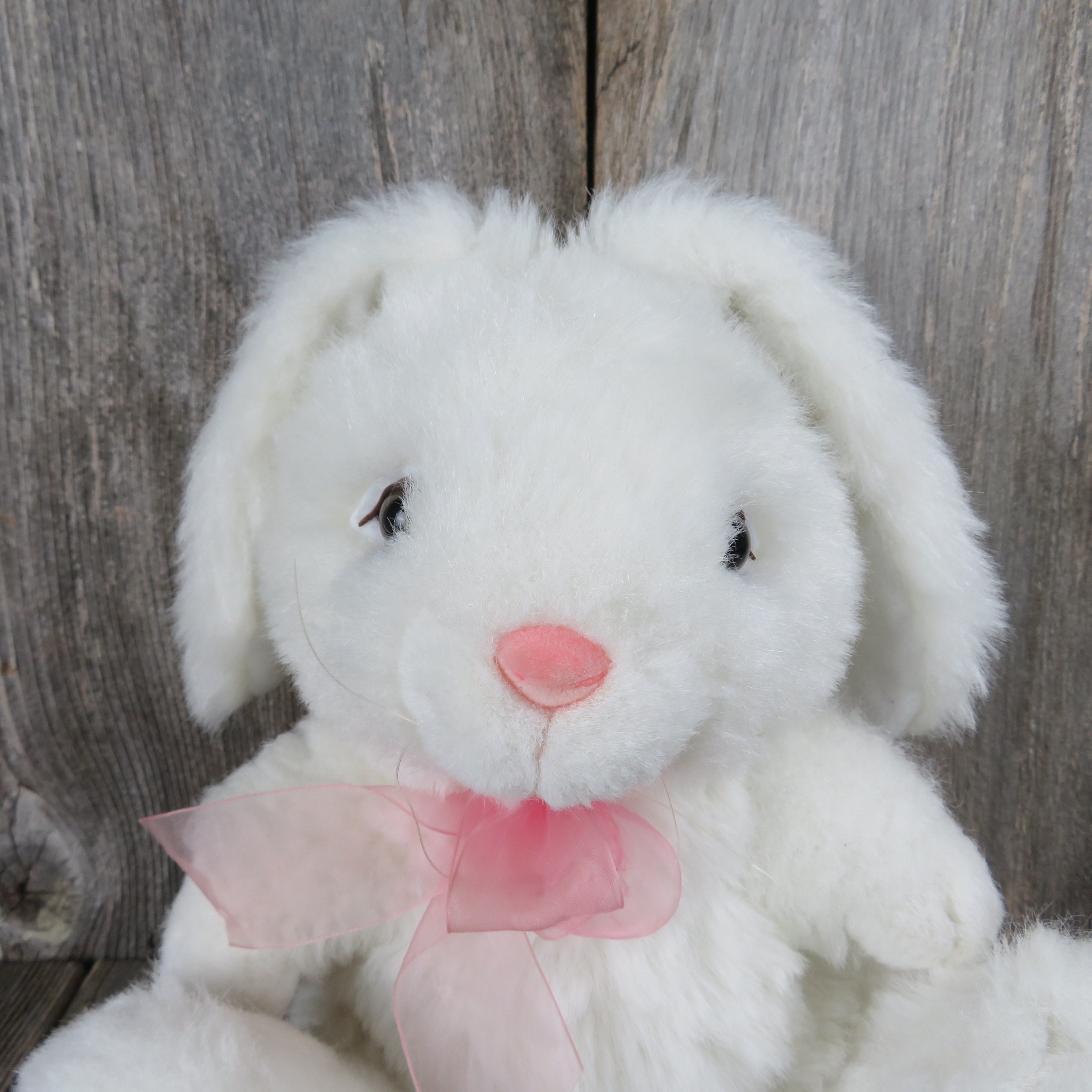 Vintage Bunny Plush White Rabbit Ribbon Pink Flocked Nose Easter