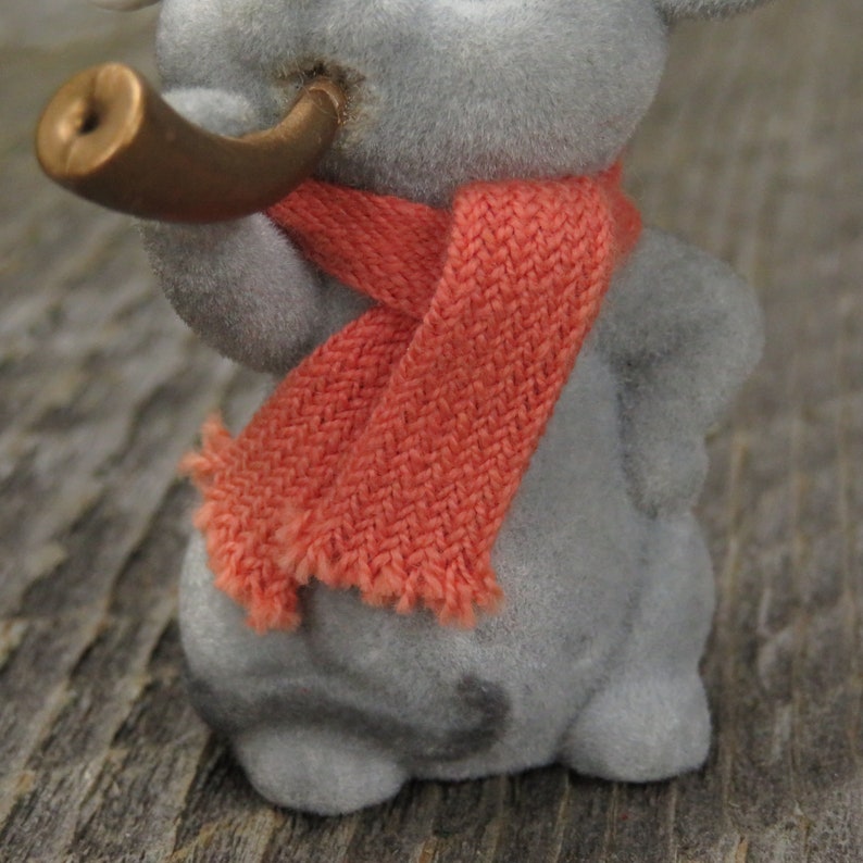 Vintage Flocked Mouse With Horn Christmas Red White Holly Scarf Santa Hat