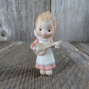 Vintage Betsey Clark Angel Porcelain Ornament Banjo Girl Pink Dress Blue Apron Hallmark 1984