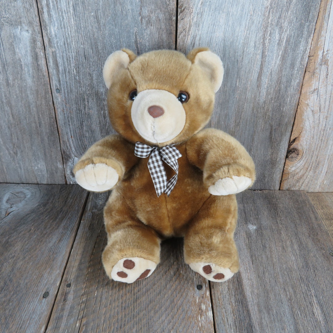 Teddy Bear Plush Stuffed Animal Flocked Nose Plaid Gingham Bow Vintage ...