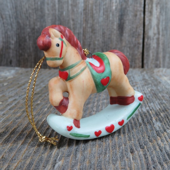 Rocking Horse Ceramic Ornament Russ Vintage Pony Bisque Red Green