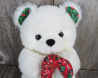 Vintage White Teddy Bear Plush Fiesta Holiday Candy Cane Fabric