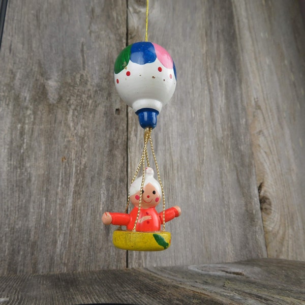 Vintage Wooden Hot Air Balloon Ornament Wood Christmas Old Lady Taiwan Hand Painted 70s or 80s