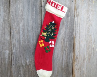Vintage Knit Noel Stocking Christmas Applique Beaded Tree Gifts Noel ST90