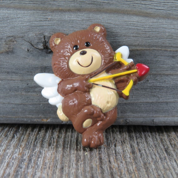 Vintage  Teddy Bear Angel Pin Cupid Heart Arrow Br