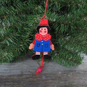 Red and Blue Boy Pull String Wood Ornament Vintage Wooden Jumping Toy Christmas Ornament