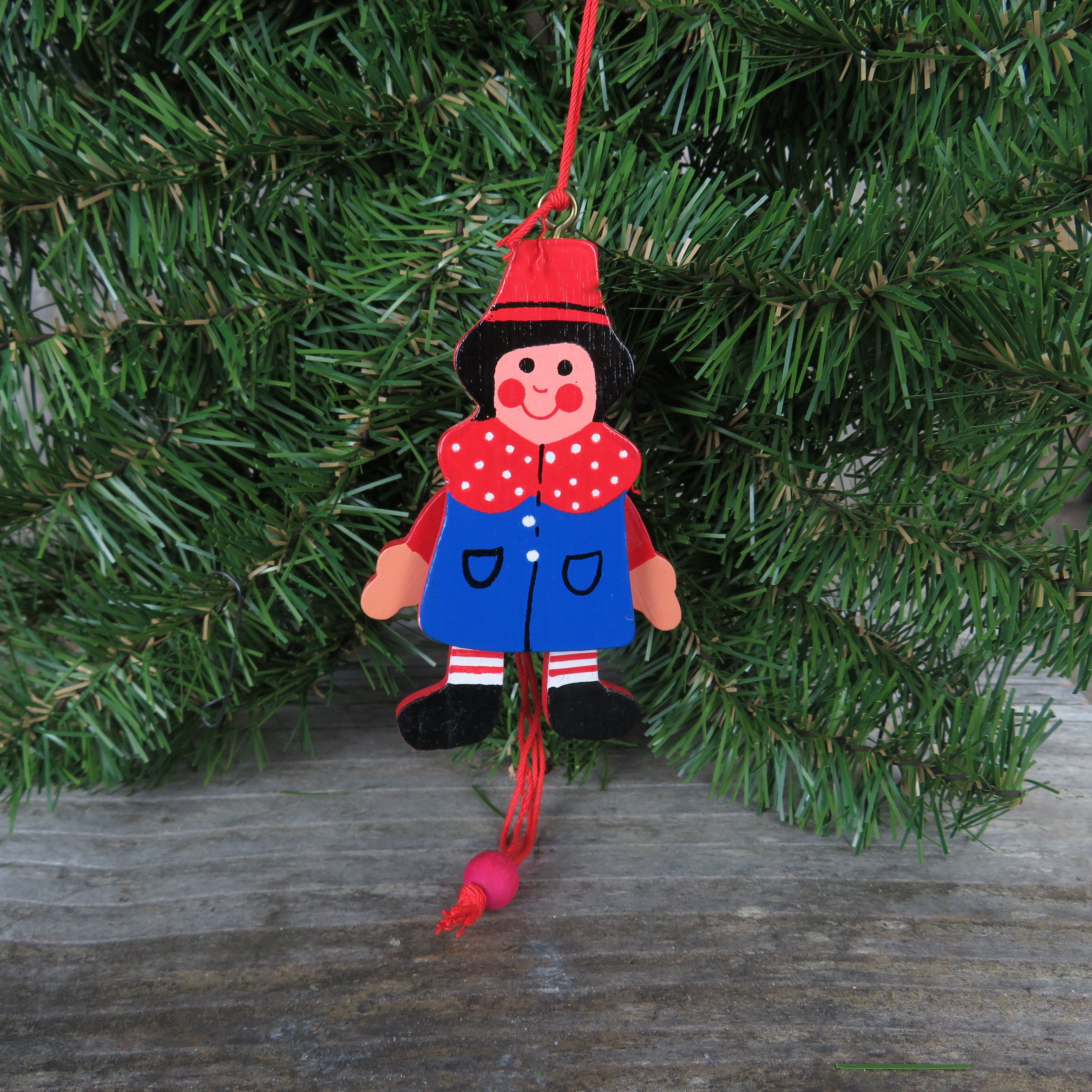 Red and Blue Boy Pull String Wood Ornament Vintage Wooden Jumping