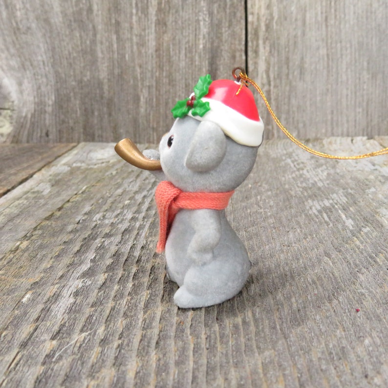 Vintage Flocked Mouse With Horn Christmas Red White Holly Scarf Santa Hat
