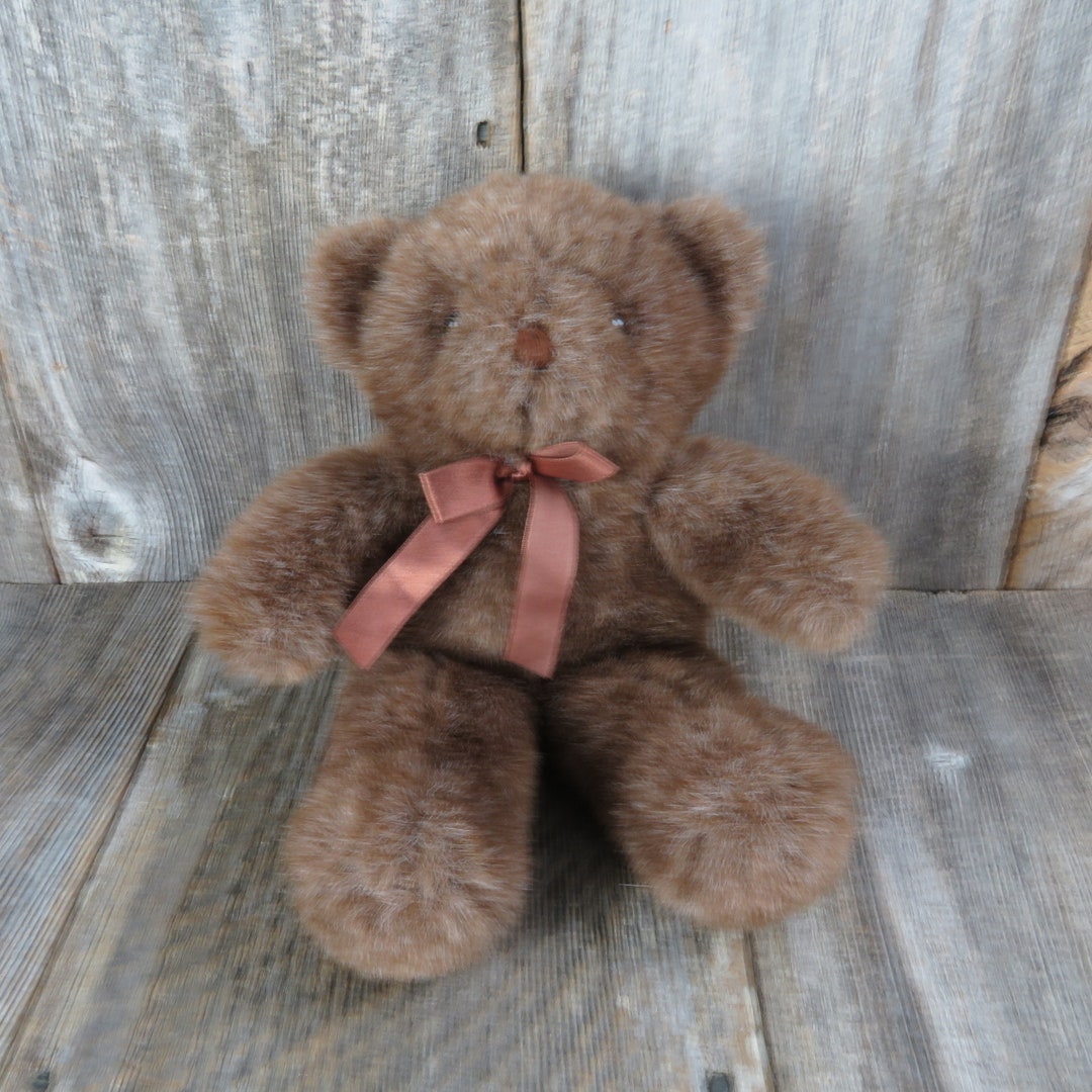 Vintage Teddy Bear Plush Sitting Brown Grey Cuddle Bow Fiesta Stuffed ...