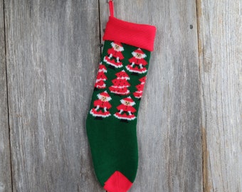 Vintage Santa Knit Stocking Mrs Claus Christmas Knitted Green Red White Christmas