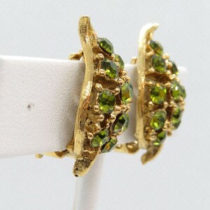 Vintage Rhinestone Clip Earrings Green Leaf Leave Gold Tone Fall Spring ...
