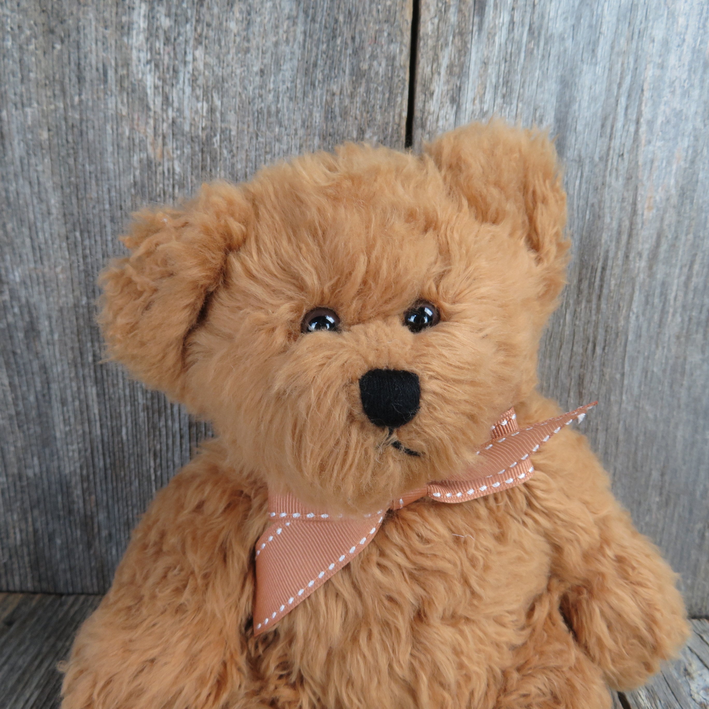 Vintage Teddy Bear Plush Brown Furry Red Bow Russ Stitched Nose Stuffed ...