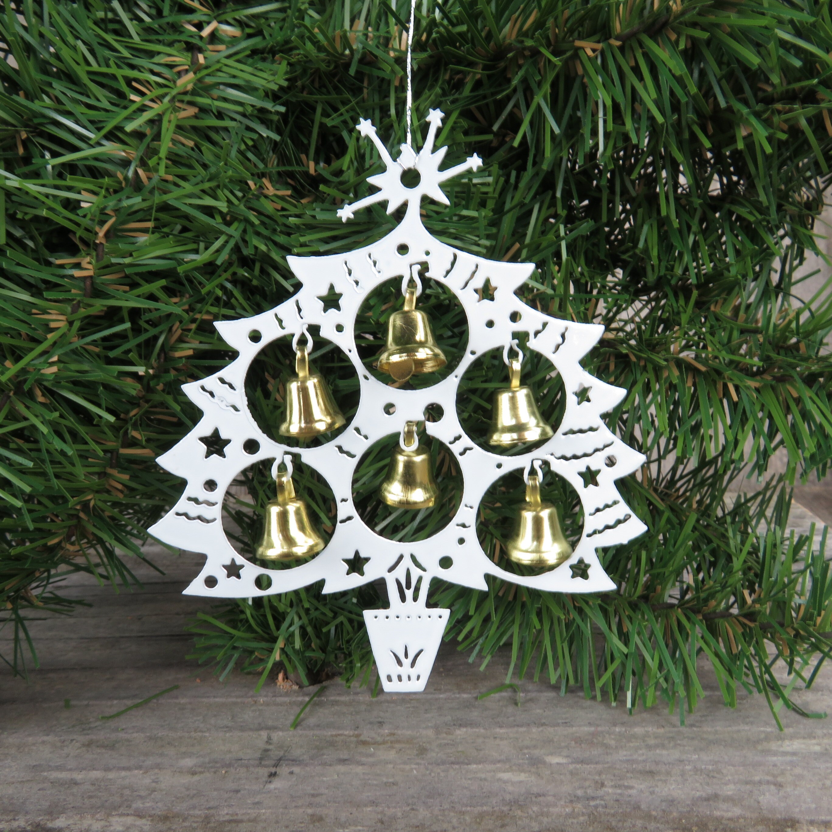 Vintage Painted Brass Tree With Bells Ornament Christmas White