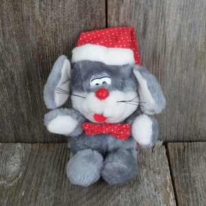 Vintage Mouse Plush Giftco Christmas Grey Red Bow Tie Stuffed Animal Holiday Santa Hat Gray 1990 Polka Dot