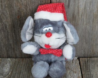 Vintage Mouse Plush Giftco Christmas Grey Red Bow Tie Stuffed Animal Holiday Santa Hat Gray 1990 Polka Dot