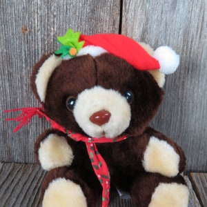 Vintage Teddy Bear Plush Red Santa Hat and Scarf Small Dark Brown Holly ...