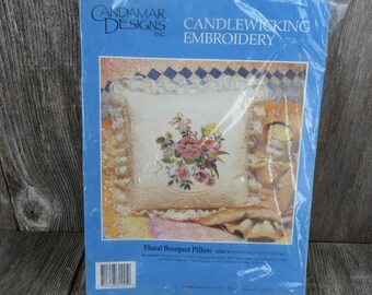 Vintage Candamar Designs Candlewicking Embroidery Floral Bouquet Pillow 14 Inch