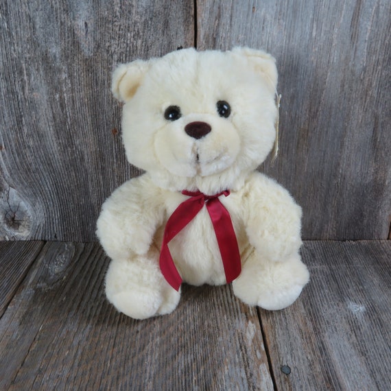 Vintage Teddy Bear Plush Cream Colored Red Bow Petal Plush 1993