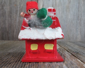 Vintage Red House Wood Ornament Santa on Roof Russ Berrie