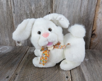 vintage Lapin Peluche Lapin Blanc Floral Bow Tie Farci Animal Rose Nez Floqué Pâques T.L. Jouets
