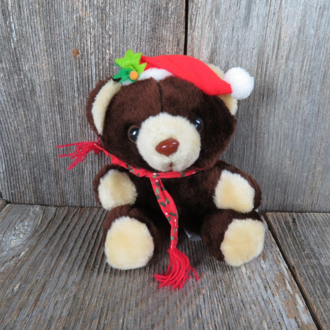 Vintage Teddy Bear Plush Red Santa Hat and Scarf Small Dark Brown Holly ...