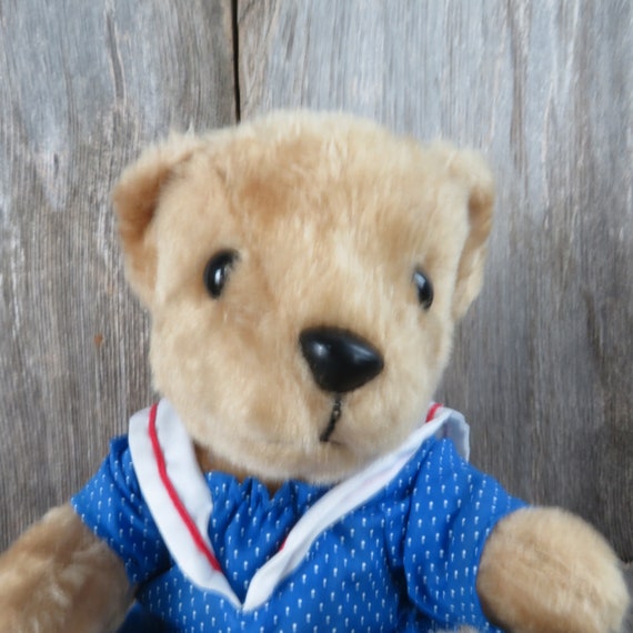 Vintage Teddy Bear Plush Blue Polka Dot Sailor Dress Stuffed
