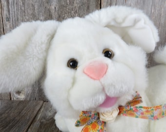 Vintage Bunny Plush Rabbit White Floral Bow Tie Stuffed Animal