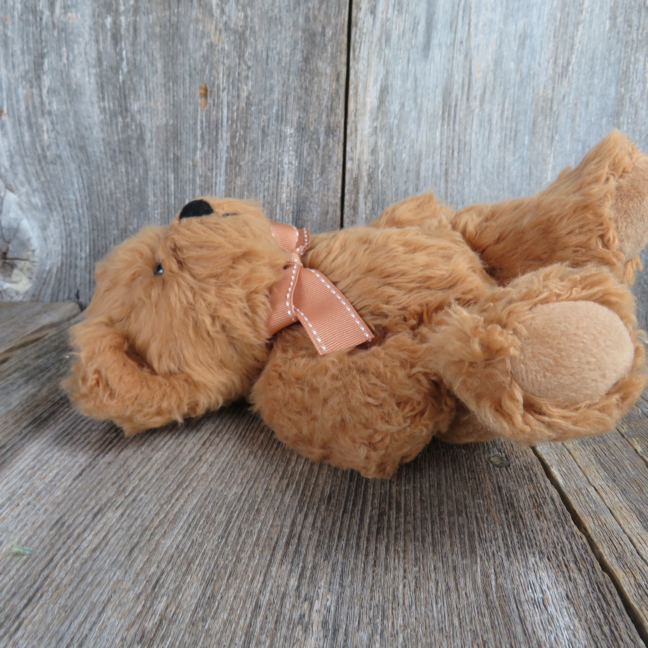 Vintage Teddy Bear Plush Brown Furry Red Bow Russ Stitched Nose Stuffed ...