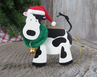 Vintage Cow with Wreath Ornament Wooden Avon Christmas Holstein Black White Red Santa Hat Wood Country Rustic