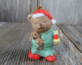 Vintage Bear In Pajamas Teddy and Candle Ornament Ceramic Porcelain Christmas