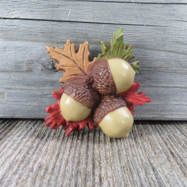 Vintage Fall Leaf Pin Brooch Acorns Hallmark Autumn Thanksgiving Brown Green Plastic Holiday