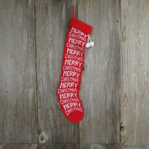 Vintage Merry Christmas Stocking Knitted Knit Red White Bold Pom Pom st56
