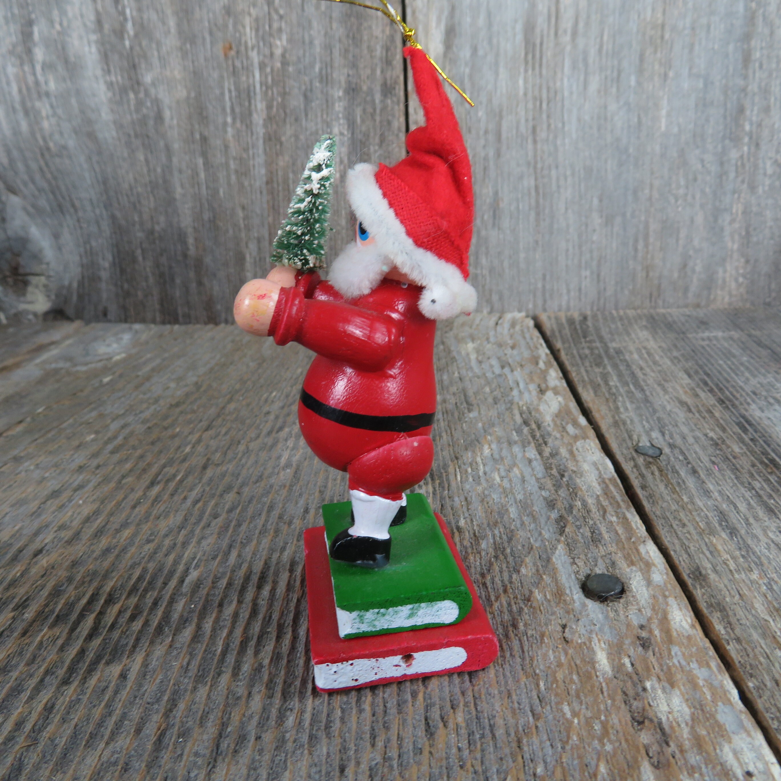 Vintage Santa Holding Tree Wooden Ornament Standing on Books | Etsy