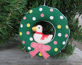 Vintage Pato en Corona Adorno de Tela Verde Lunar Corona de Navidad con Adorno de Tela de Pájaro Blanco