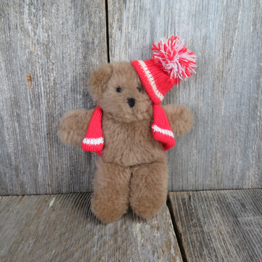 Vintage Mini Teddy Bear Plush Knit Hat Sweater Vest Red Brown Stuffed ...