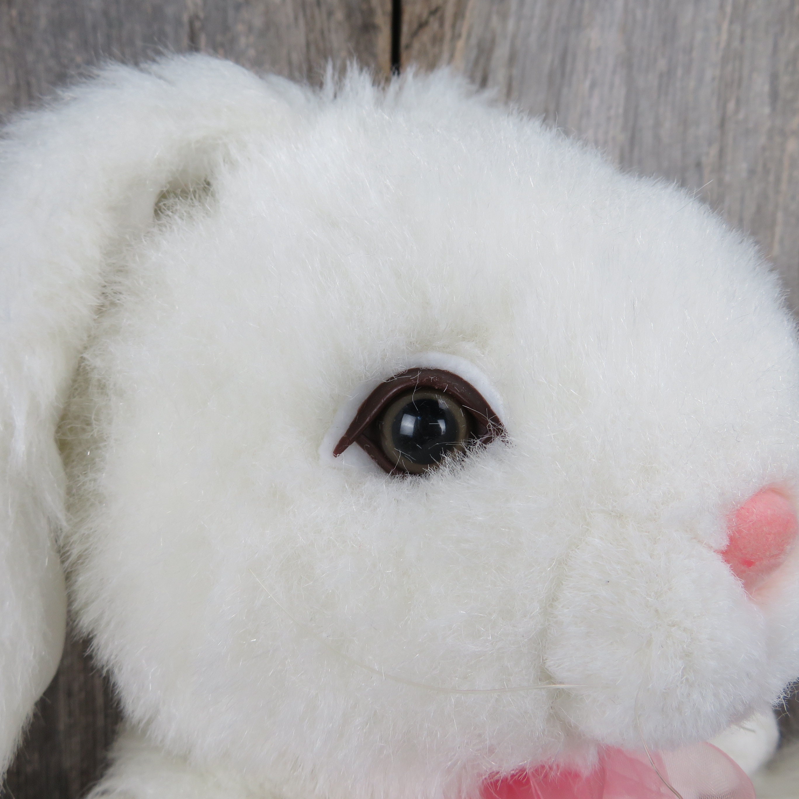 Vintage Bunny Plush White Rabbit Ribbon Pink Flocked Nose Easter