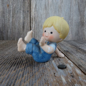 Vintage Boy Tumbling Figurine Scooter Country Cousins Bib Overalls Enesco Blonde Jeans 1981